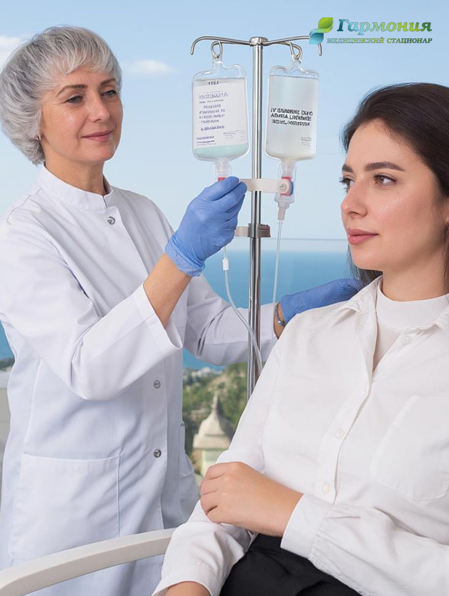 Врач и пациент с капельницей на фоне берега Астаны