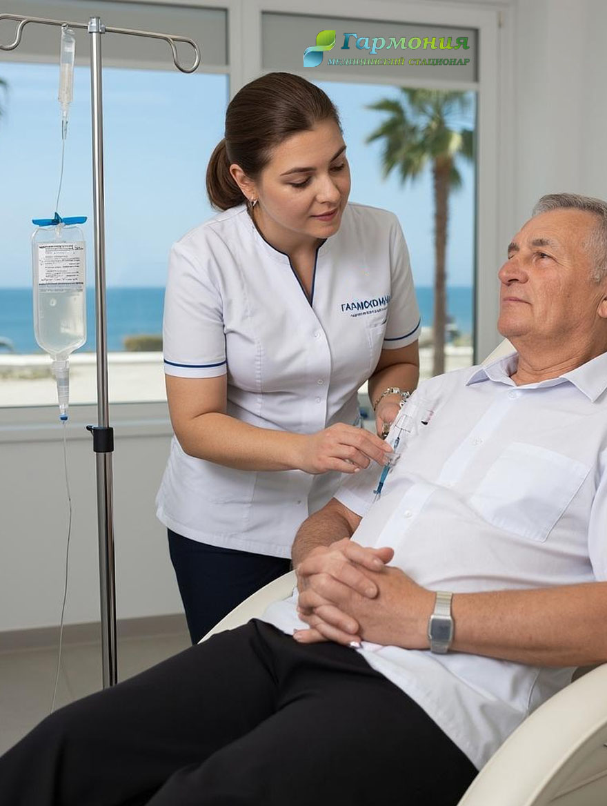 Врач и пациент с капельницей на фоне берега Астаны