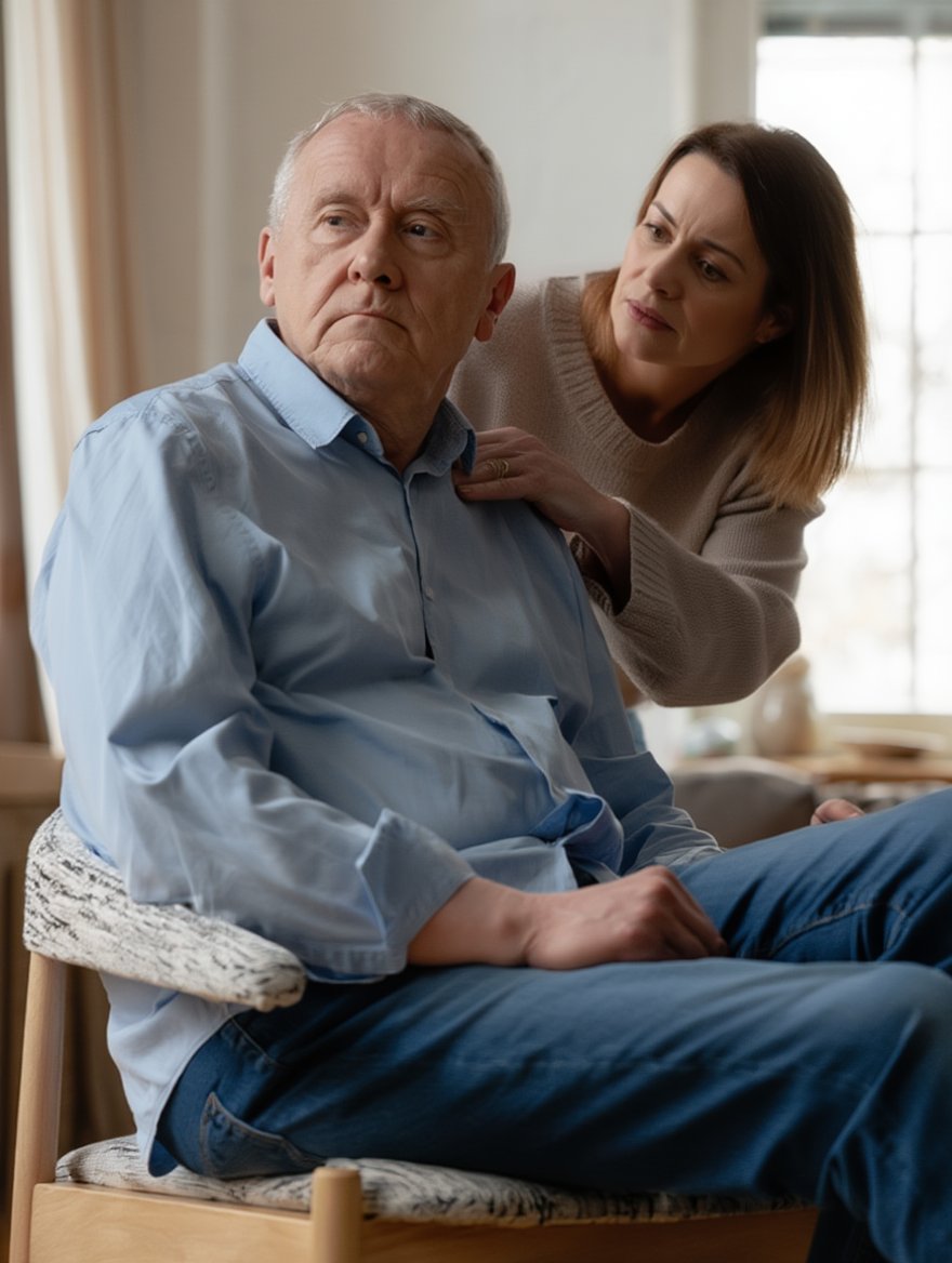 Мужчина сидит в кресле, рядом стоит жена