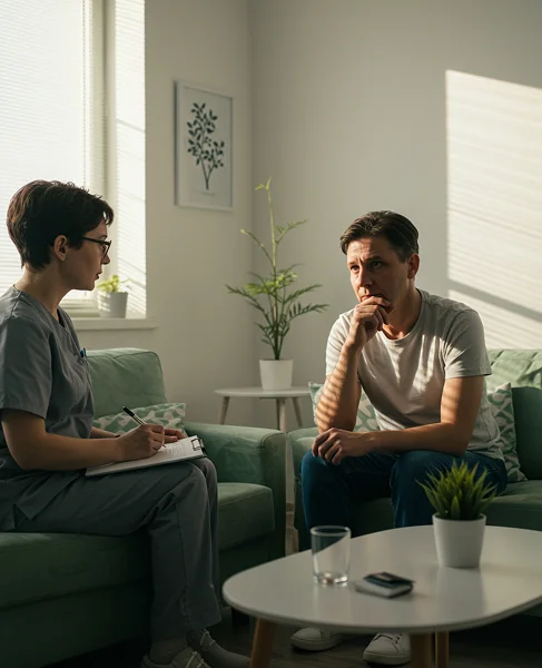 Мужчина общается с врачом в уютной комнате