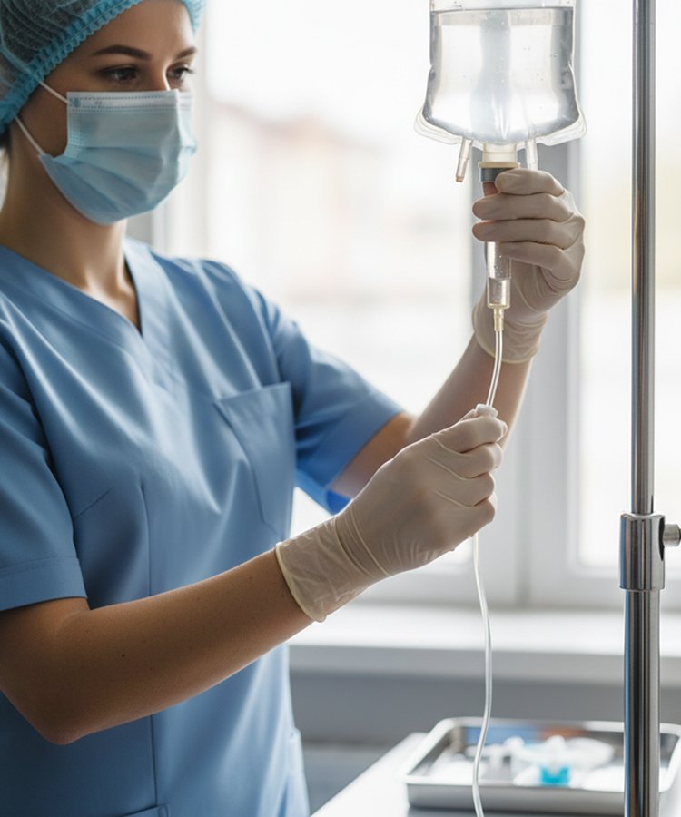 Врач подготавливает капельницу для пациента