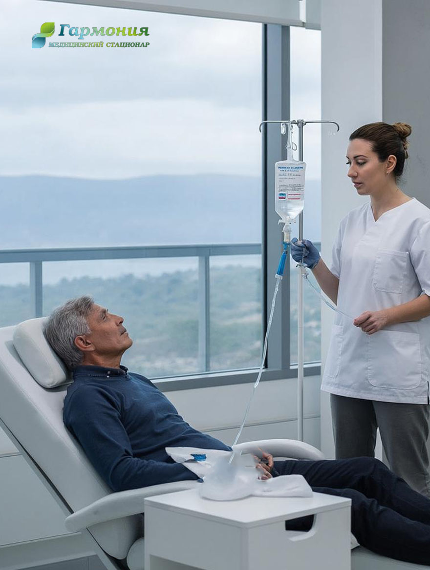 Врач и пациент с капельницей на фоне берега Астаны